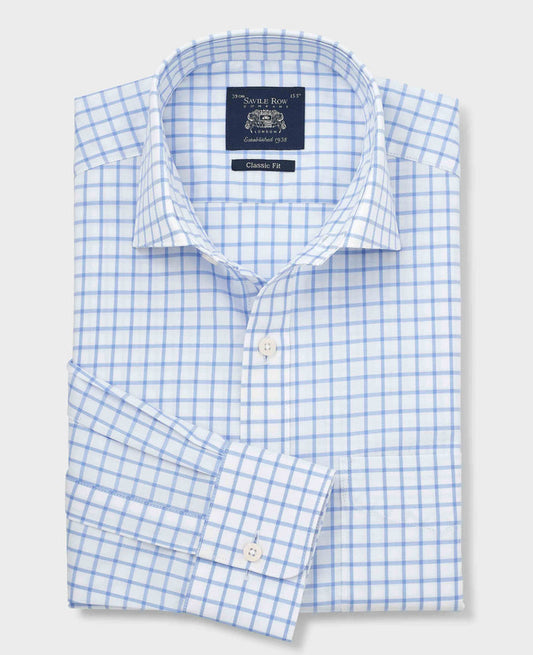 Men's Sky Blue Check Cotton Twill Classic Fit Formal Shirt With Single Cuffs folded shot