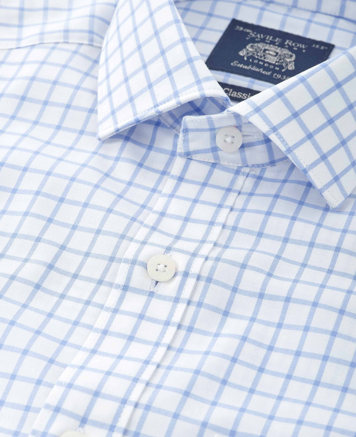 Men's Sky Blue Check Cotton Twill Classic Fit Formal Shirt With Single Cuffs collar check