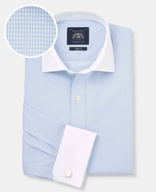 Men's Sky Blue Cotton Check Slim Fit Winchester Formal Shirt With Double Cuffs folded shot