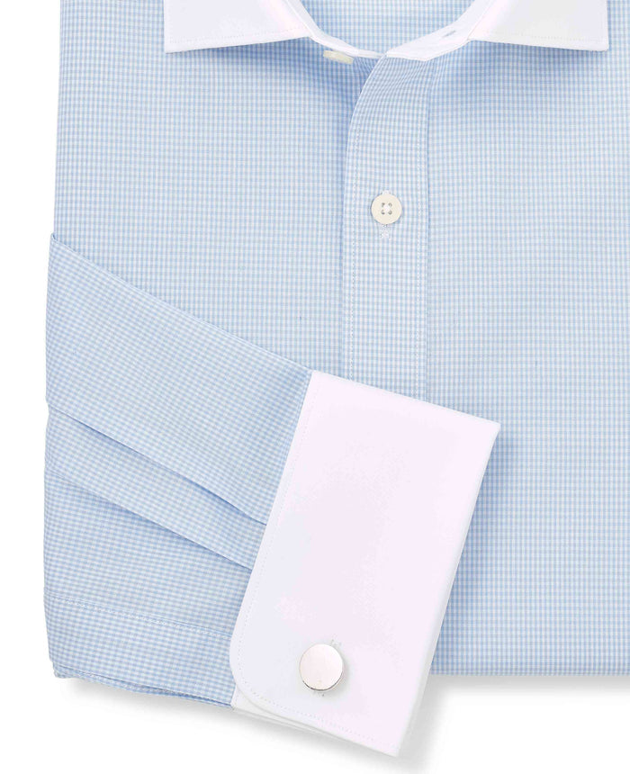 Men's Sky Blue Cotton Check Slim Fit Winchester Formal Shirt With Double Cuffs sleeve detail