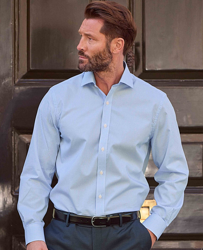 Men's Sky Blue Cotton Gingham Slim Fit Formal Shirt model image