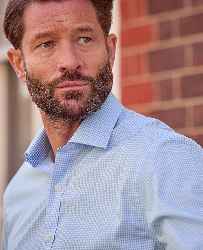 Men's Sky Blue Cotton Gingham Slim Fit Formal Shirt model image