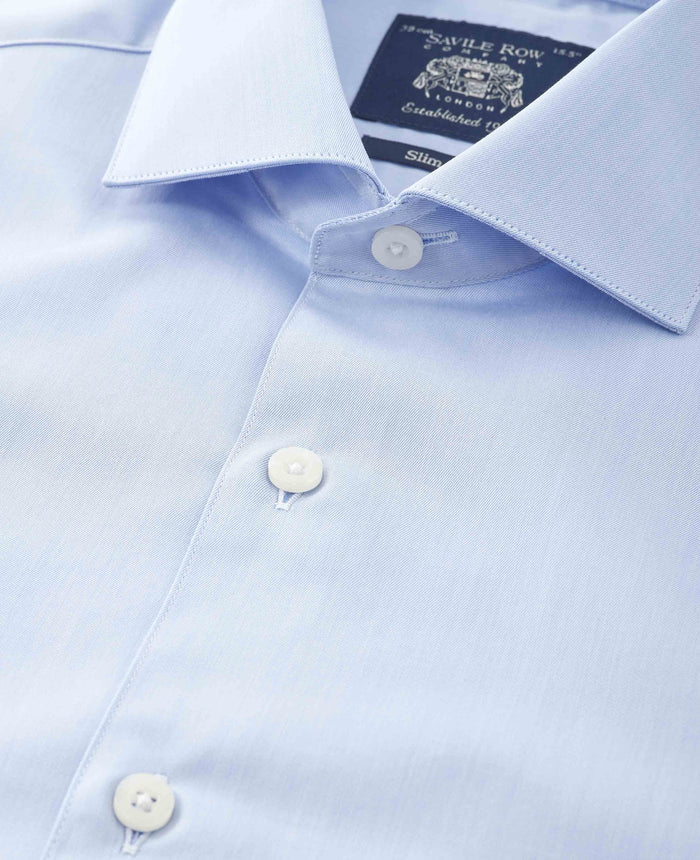 Men's Sky Blue Cotton Twill Slim Fit Formal Shirt With Single Cuffs collar detail