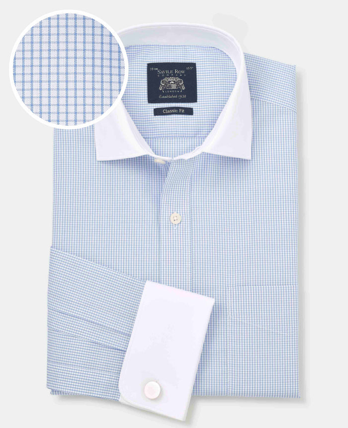 Men's Sky Blue Cotton Window Check Classic Fit Winchester Formal Shirt With Double Cuffs folded shot