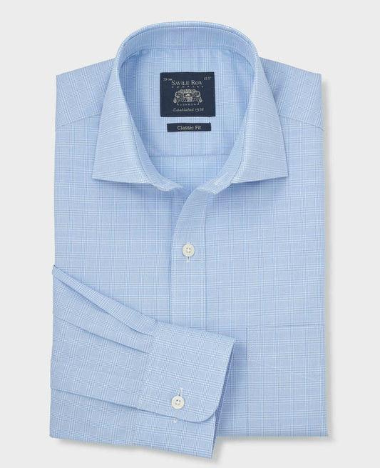 Men's Sky Blue Prince of Wales Check Cotton Twill Classic Fit Formal Shirt With Single Cuffs folded shot