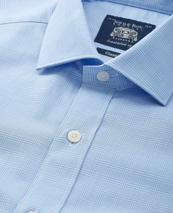 Men's Sky Blue Prince of Wales Check Cotton Twill Classic Fit Formal Shirt With Single Cuffs collar detail