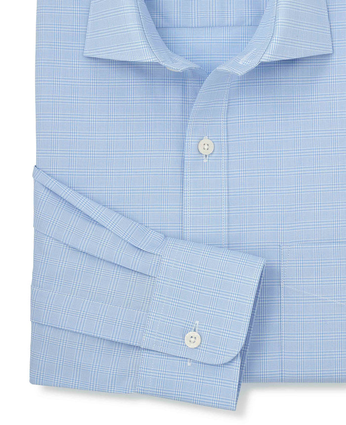 Men's Sky Blue Prince of Wales Check Cotton Twill Classic Fit Formal Shirt With Single Cuffs sleeve detail