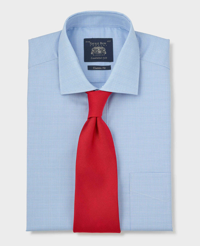 Men's Sky Blue Prince of Wales Check Cotton Twill Classic Fit Formal Shirt With Single Cuffs folded with tie