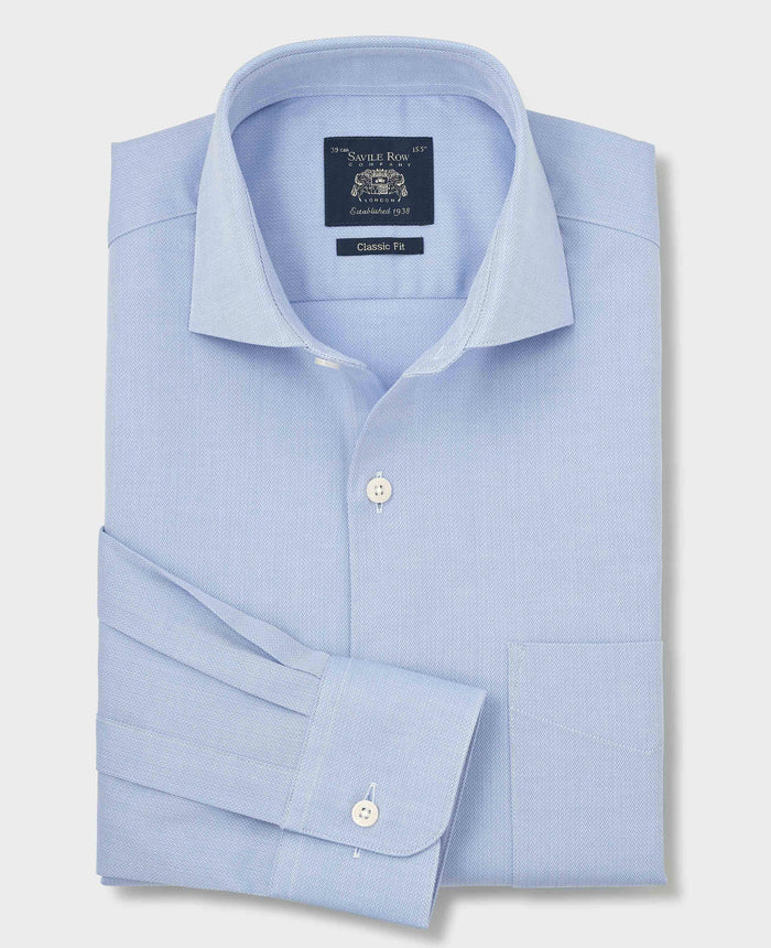Men's Sky Blue Stretch Cotton Herringbone Classic Fit Formal Shirt With Single Cuffs folded shot