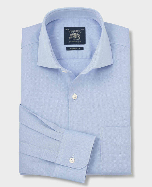 Men's Sky Blue Stretch Cotton Herringbone Classic Fit Formal Shirt With Single Cuffs folded shot