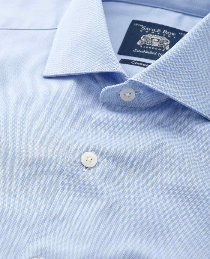 Men's Sky Blue Stretch Cotton Herringbone Classic Fit Formal Shirt With Single Cuffs collar detail