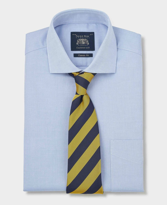 Men's Sky Blue Stretch Cotton Herringbone Classic Fit Formal Shirt With Single Cuffs folded with tie