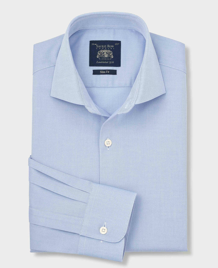 Men's Sky Blue Stretch Cotton Herringbone Slim Fit Formal Shirt With Single Cuffs folded shot