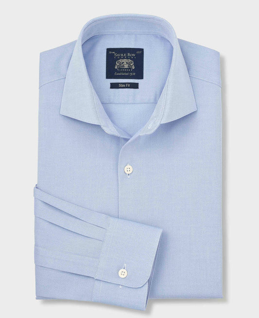 Men's Sky Blue Stretch Cotton Herringbone Slim Fit Formal Shirt With Single Cuffs folded shot