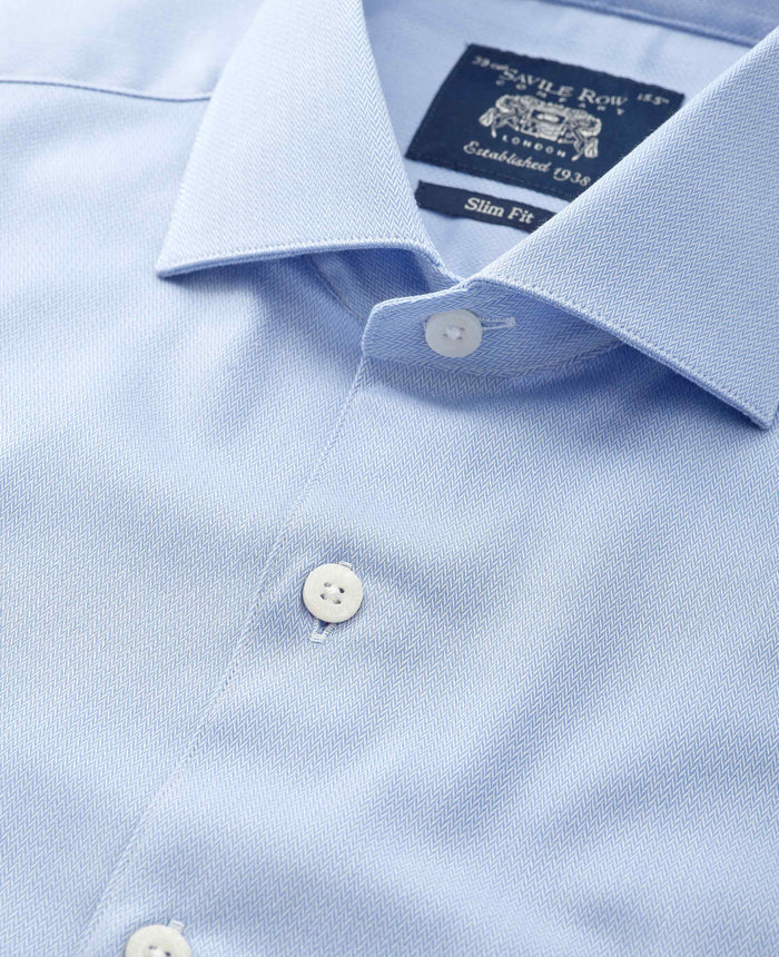 Men's Sky Blue Stretch Cotton Herringbone Slim Fit Formal Shirt With Single Cuffs collar detail