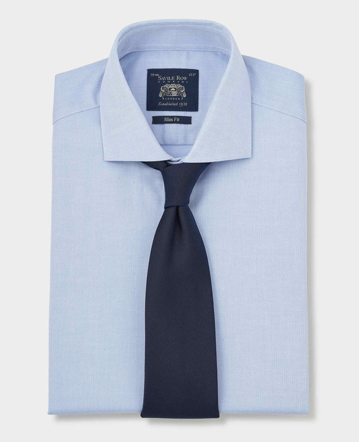 Men's Sky Blue Stretch Cotton Herringbone Slim Fit Formal Shirt With Single Cuffs folded with tie