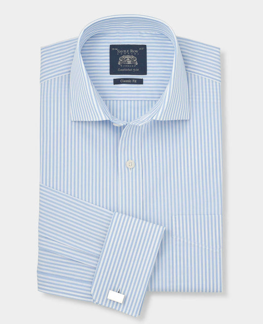 Men's Sky Blue Stripe Cotton Poplin Classic Fit Formal Shirt With Double Cuffs folded shot