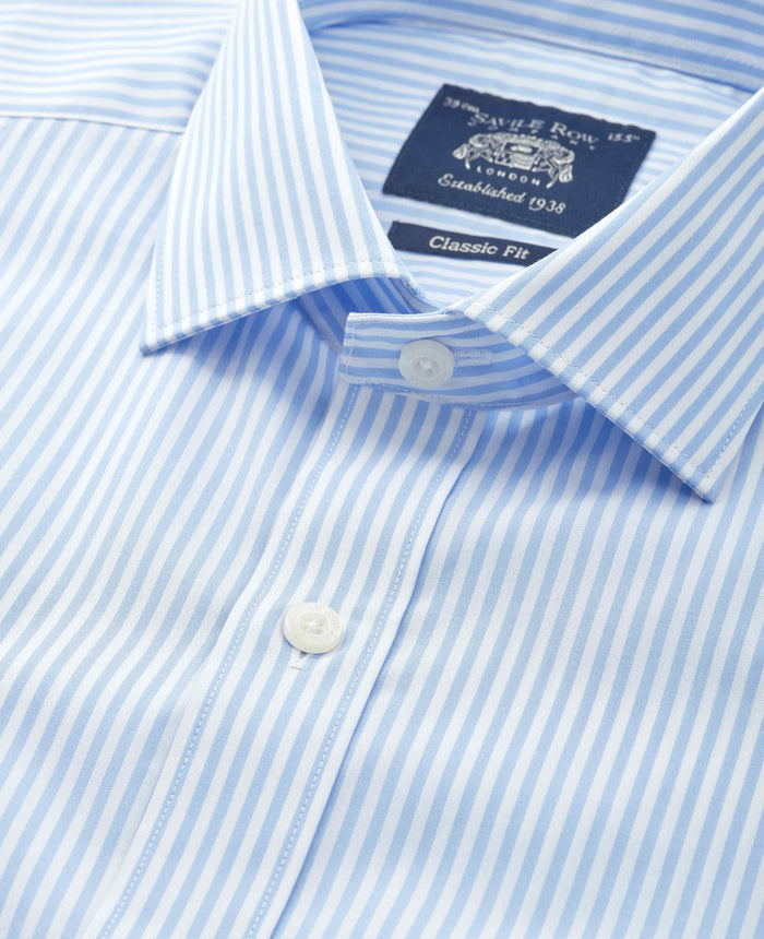 Men's Sky Blue Stripe Cotton Poplin Classic Fit Formal Shirt With Double Cuffs collar detail