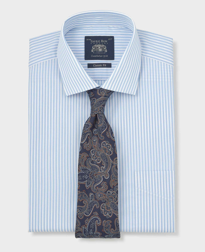 Men's Sky Blue Stripe Cotton Poplin Classic Fit Formal Shirt With Double Cuffs folded with tie