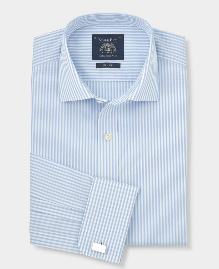 Men's Sky Blue Stripe Cotton Poplin Slim Fit Formal Shirt With Double Cuffs folded shot