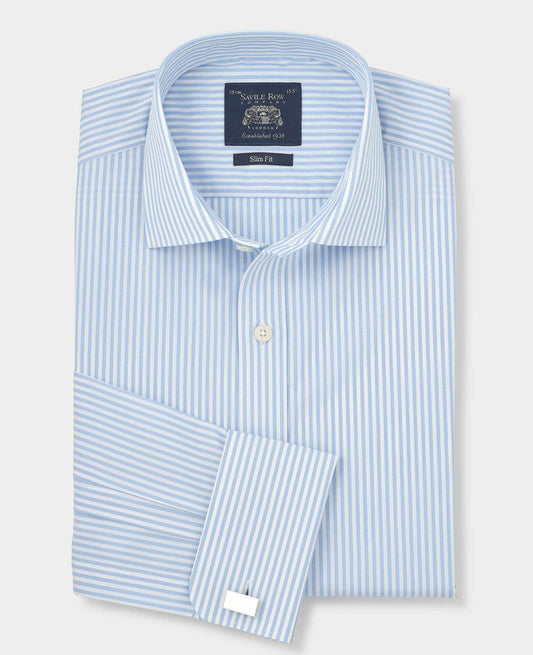 Men's Sky Blue Stripe Cotton Poplin Slim Fit Formal Shirt With Double Cuffs folded shot