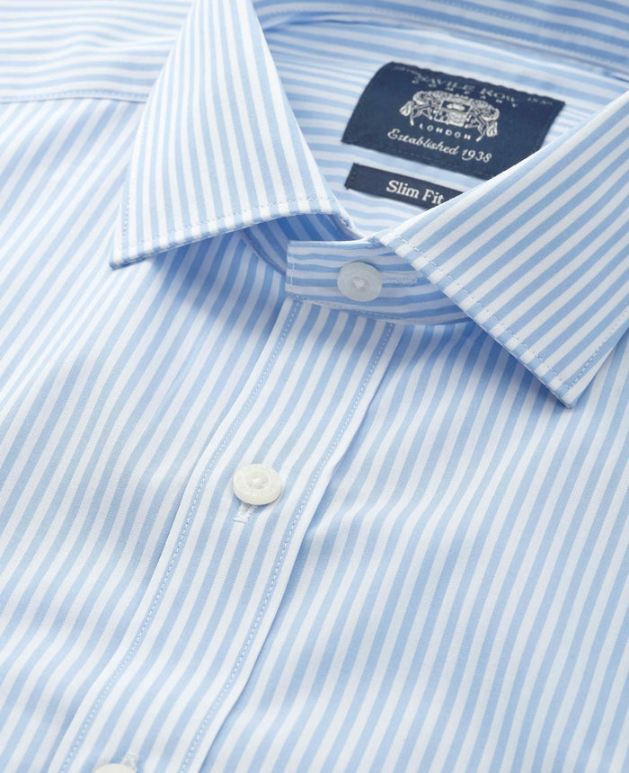 Men's Sky Blue Stripe Cotton Poplin Slim Fit Formal Shirt With Double Cuffs collar detail