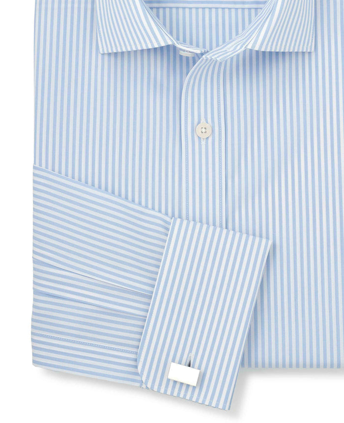 Men's Sky Blue Stripe Cotton Poplin Slim Fit Formal Shirt With Double Cuffs sleeve detail