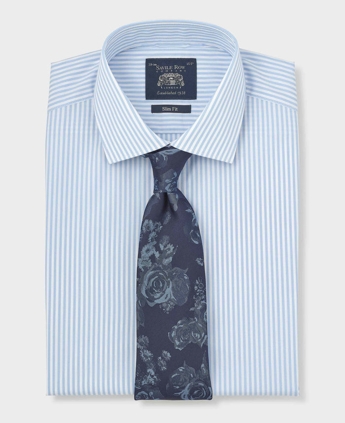 Men's Sky Blue Stripe Cotton Poplin Slim Fit Formal Shirt With Double Cuffs folded with tie
