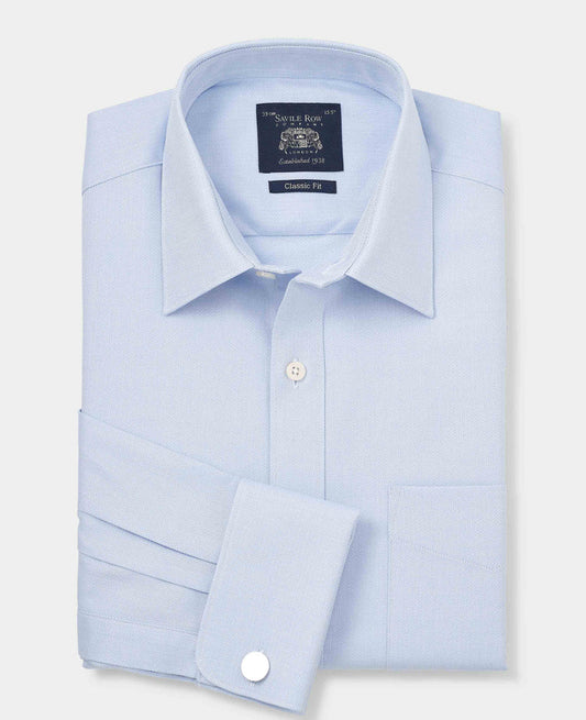 Men's Sky Blue Textured Cotton Herringbone Classic Fit Formal Shirt With Double Cuff folded