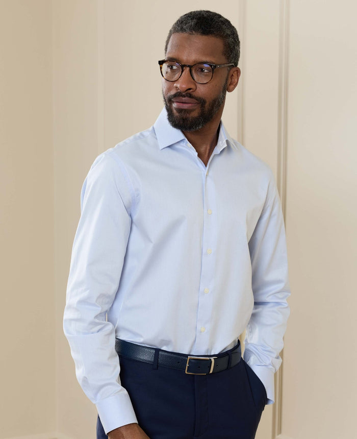 Men's Sky Blue Two-Ply Cotton Slim Fit Formal Shirt With Single Cuffs model shot
