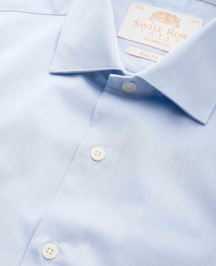 Men's Sky Blue Two-Ply Cotton Slim Fit Formal Shirt With Single Cuffs collar detail