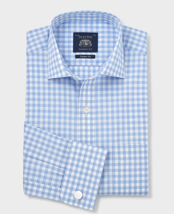 Men's Sky Blue Cotton Gingham Check Classic Fit Formal Shirt With Double Cuffs folded