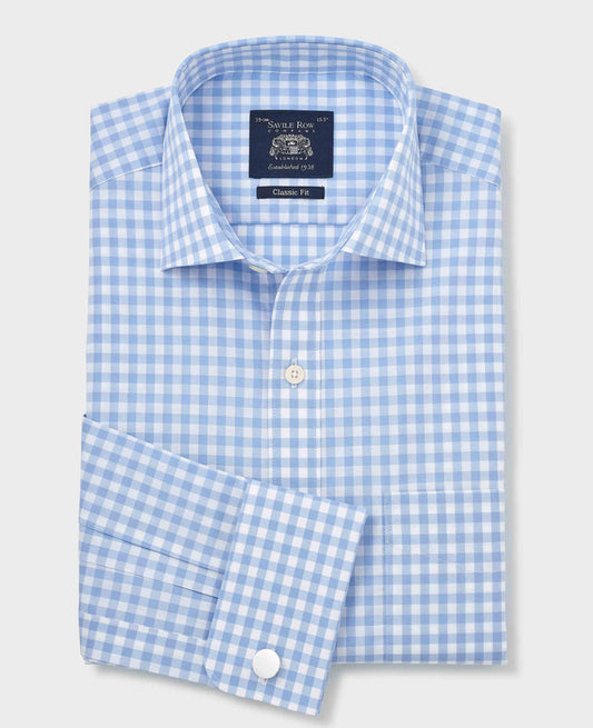 Men's Sky Blue Cotton Gingham Check Classic Fit Formal Shirt With Double Cuffs folded