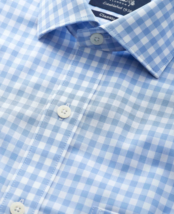 Men's Sky Blue Cotton Gingham Check Classic Fit Formal Shirt With Double Cuffs collar detail