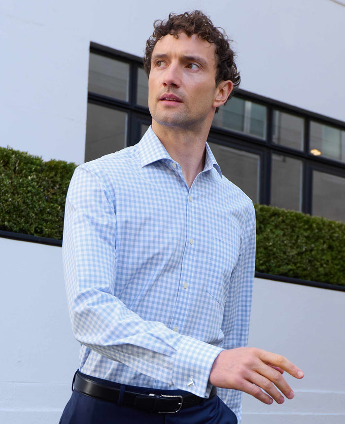Men's Sky Blue Cotton Gingham Check Classic Fit Formal Shirt With Double Cuffs model shot