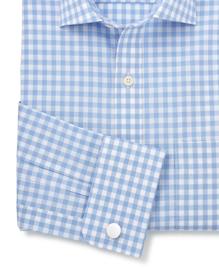 Men's Sky Blue Cotton Gingham Check Classic Fit Formal Shirt With Double Cuffs sleeve detail