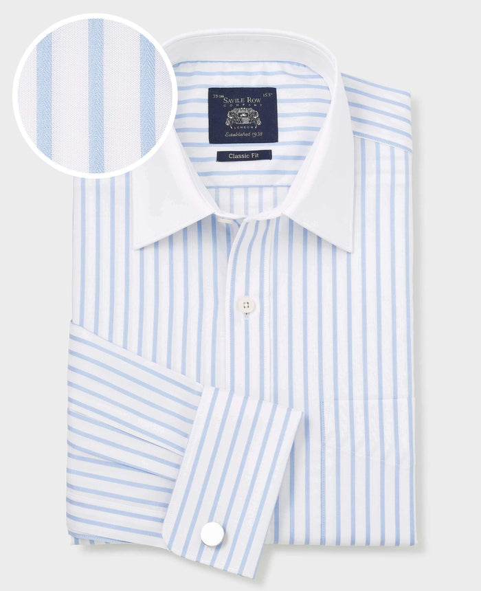 Men's Sky Blue White Cotton Stripe Classic Fit Winchester Formal Shirt With Double Cuffs folded shot