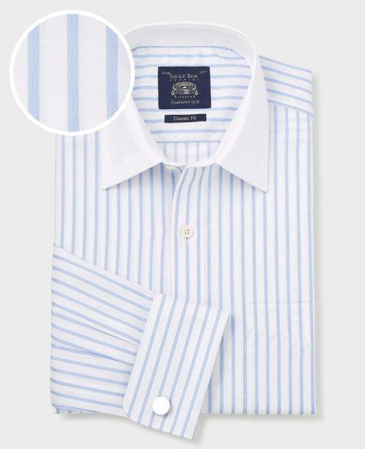 Men's Sky Blue White Cotton Stripe Classic Fit Winchester Formal Shirt With Double Cuffs folded shot