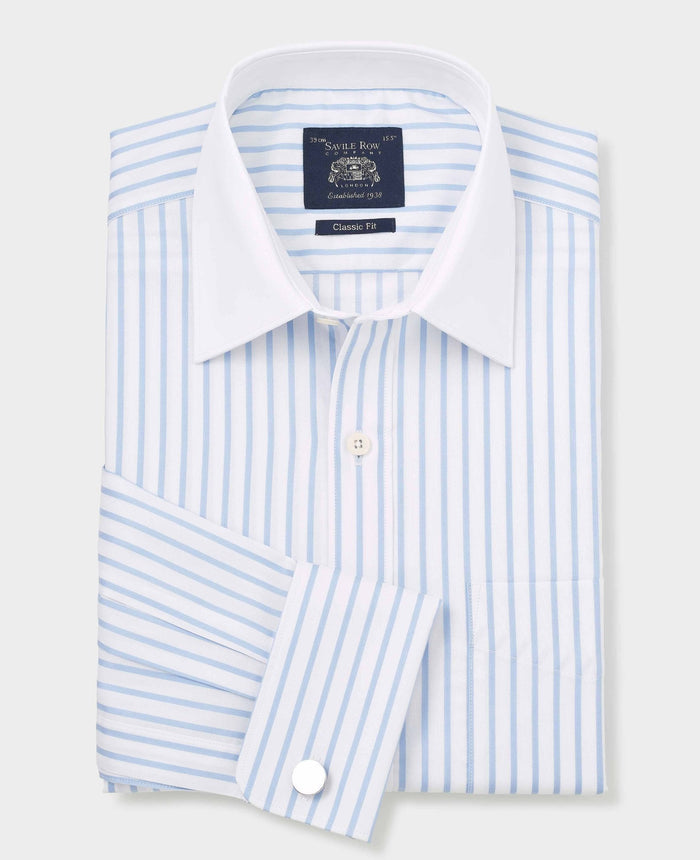 Men's Sky Blue White Cotton Stripe Classic Fit Winchester Formal Shirt With Double Cuffs folded