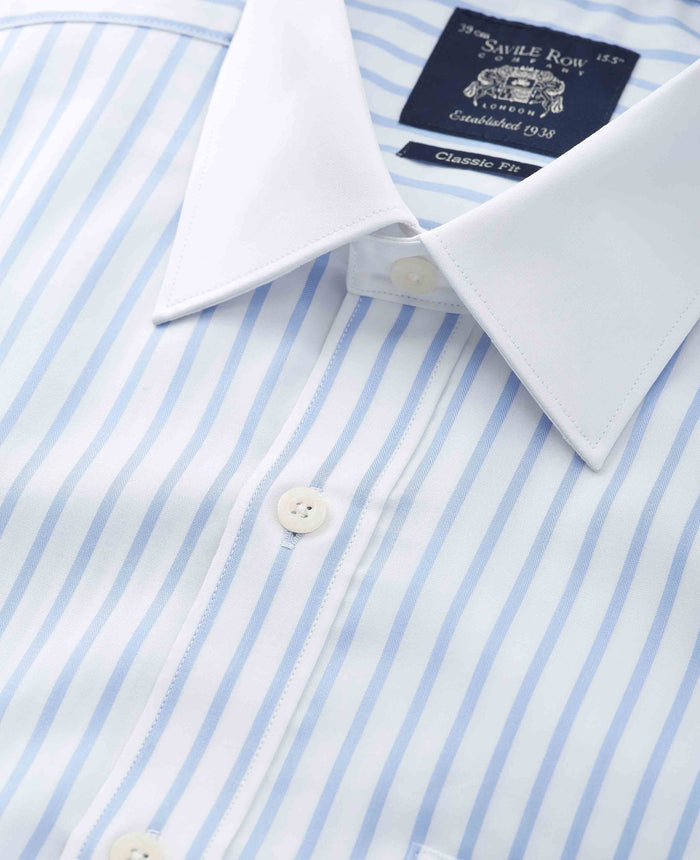 Men's Sky Blue White Cotton Stripe Classic Fit Winchester Formal Shirt With Double Cuffs collar detail