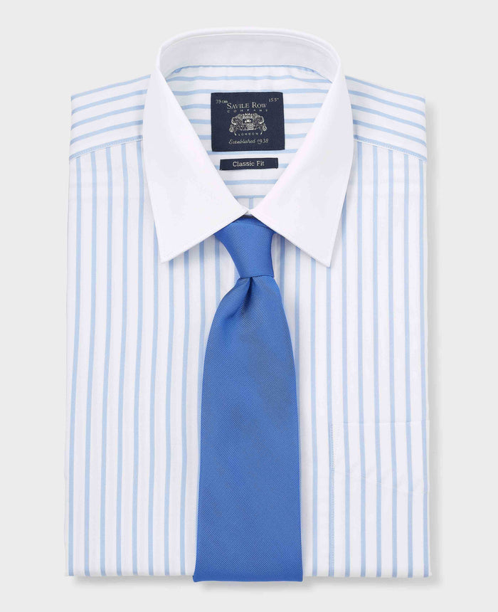 Men's Sky Blue White Cotton Stripe Classic Fit Winchester Formal Shirt With Double Cuffs folded with tie