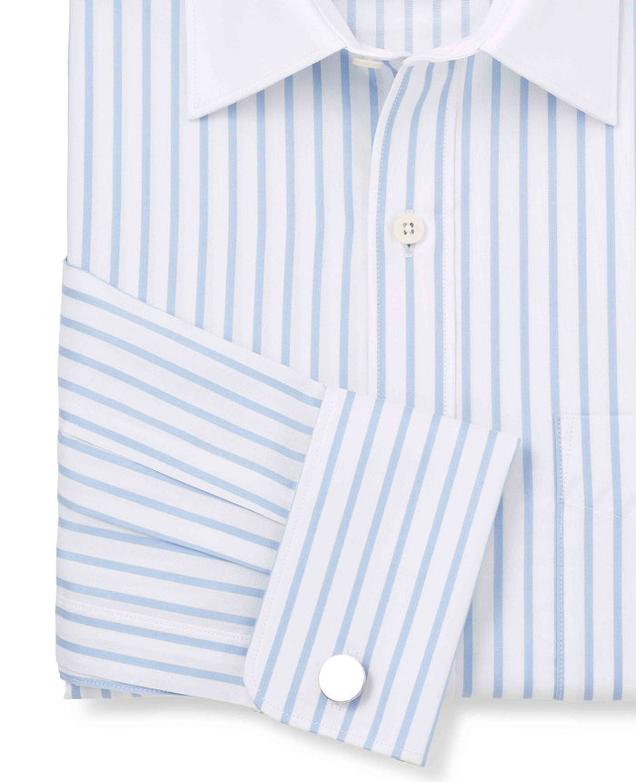 Men's Sky Blue White Cotton Stripe Classic Fit Winchester Formal Shirt With Double Cuffs sleeve detail