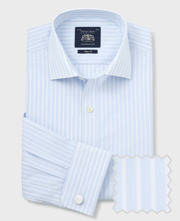 Men's Sky Blue White Cotton Poplin Striped Slim Fit Formal Shirt With Double Cuffs product shot with swatch