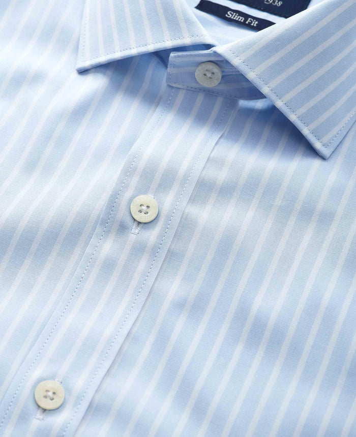 Men's Sky Blue White Cotton Poplin Striped Slim Fit Formal Shirt With Double Cuffs collar detail