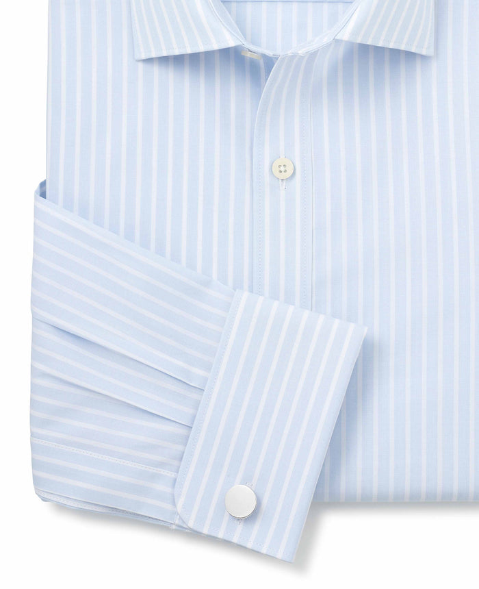 Men's Sky Blue White Cotton Poplin Striped Slim Fit Formal Shirt With Double Cuffs sleeve detail