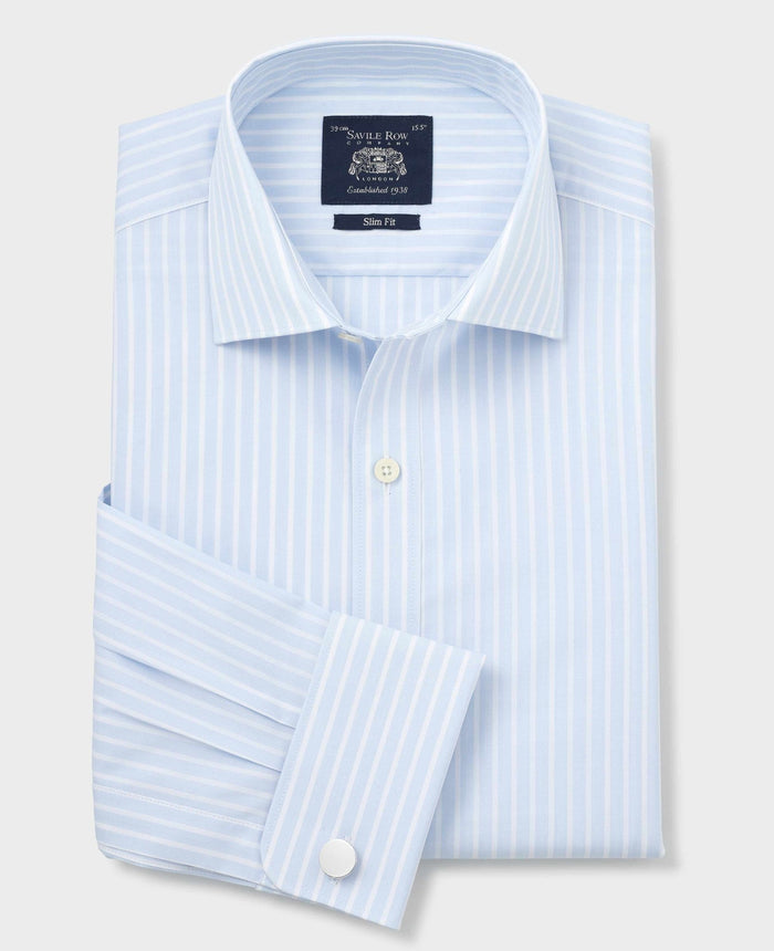 Men's Sky Blue White Cotton Poplin Striped Slim Fit Formal Shirt With Double Cuffs folded