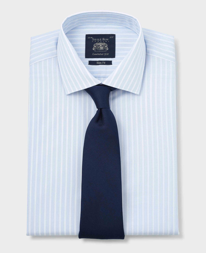 Men's Sky Blue White Cotton Poplin Striped Slim Fit Formal Shirt With Double Cuffs folded with tie
