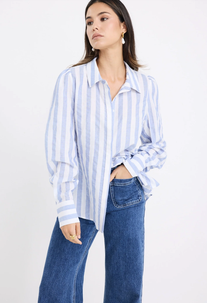 Among the Brave Solidify Puff Sleeve Button Through Shirt in Sky Blue Stripe | Women's Tops | Gretel Lane