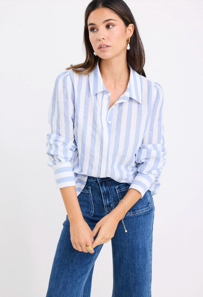 Among the Brave Solidify Puff Sleeve Button Through Shirt in Sky Blue Stripe | Women's Tops | Gretel Lane