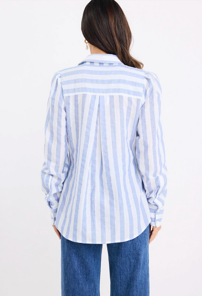 Among the Brave Solidify Puff Sleeve Button Through Shirt in Sky Blue Stripe | Women's Tops | Gretel Lane